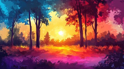 Obraz premium Vibrant Sunset Landscape with Colorful Trees and Path