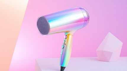 Fototapeta premium Iridescent Hair Dryer on Pink Background