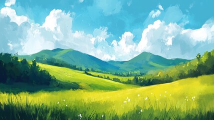 Obraz premium Serene Summer Landscape Rolling Green Hills Sunny Sky
