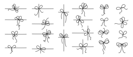 Linear Gift ribbons. Hand drawn doodle ribbon bows.  Elegant holiday packaging, festive present. Outline border sketch. Elegant minimal line stroke style. Isolated vector illustration