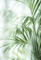 Fototapeta premium Tropical plant leaves in front of frosted glass with vertical streaks. A peaceful and bright setting, ideal for eco and minimalistic themes.