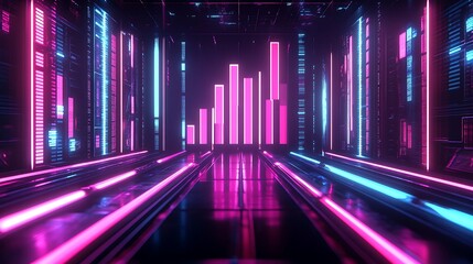 Neon digital bar graph depicting financial success on a sleek futuristic background