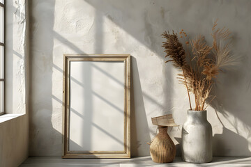 Frame mockup close up standing on the floor, hyper-realistic 3D render. generative ai.