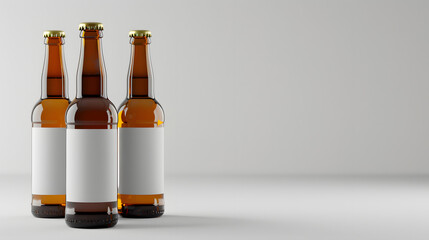 Empty glass bottles lined up on a table ready for labeling in a clean, minimalist setting with soft lighting