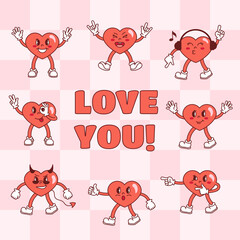 Valentine's Day poster. The inscription I love you. A set of hearts mascots in retro style. Aesthetics of the 70s, disco style. Cheerful characters dancing