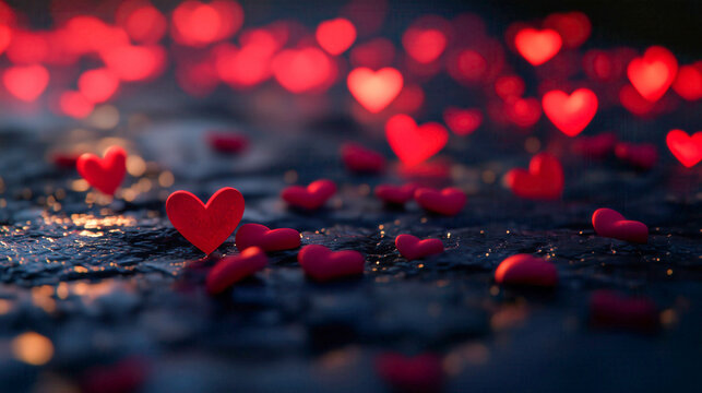 Red hearts showing love and affection on wet asphalt surface
