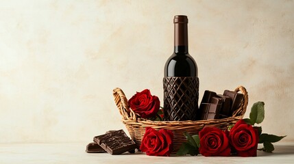 Naklejka premium A rustic chocolate wine bottle placed in a wicker basket with chocolates and red roses, isolated on a pale cream background