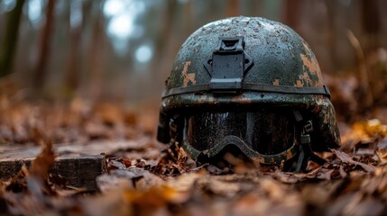 A camouflaged military helmet adorned with goggles is partially concealed among autumn leaves, symbolizing nature and the intertwining of military and environment.