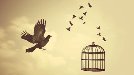 Flying bird and cage. Freedom concept. Emotion of freedom and happiness. Minimalist style.
