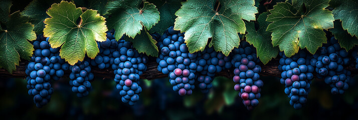 Vibrant bunches of purple grapes hanging on lush green vine