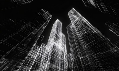 Digital skyscrappers with wireframe texture. Technology and conn, Generative AI