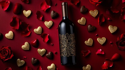 A Valentine's Day chocolate wine bottle featuring gold filigree detailing, surrounded by rose petals and golden heart-shaped chocolates, on a deep crimson background