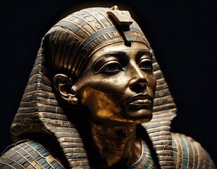 Golden Pharaoh Bust: Regal Egyptian Sculpture in Dramatic Light