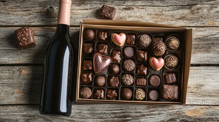 A Valentine-themed chocolate wine gift box with a bottle and assorted chocolates, styled on a rustic wooden surface