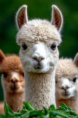 Obraz premium Three adorable llamas pose amidst lush greenery, showcasing their fluffy coats and curious expressions in a vibrant, natural setting.