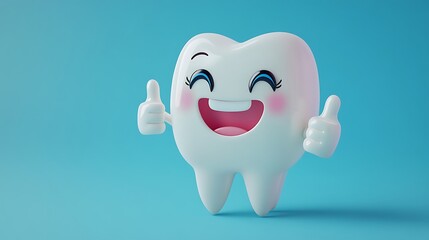 Cute cartoon tooth with a big smile giving thumbs up for healthy living