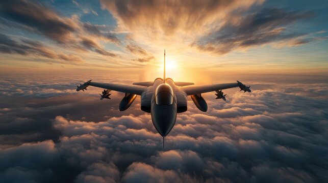 A sleek fighter jet heads upward, silhouetted against a glowing sunset horizon, illustrating the awe-inspiring capabilities of modern military technology and flight.
