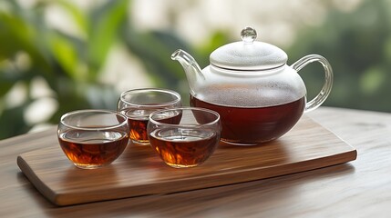Glass Teapot and Cups of Tea on Wooden Tray