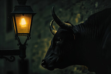 Naklejka premium Black bull in profile next to a lit street lamp, dark atmosphere.
