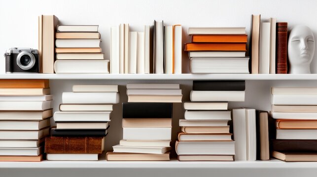 A beautifully arranged bookshelf featuring various books, a vintage camera, and a unique artistic sculpture that adds charm to any literary space.