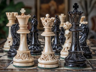 elegant chess pieces in black and ivory style arrangement on a chessboard with artistic background