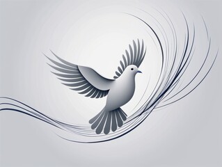 Obraz premium Illustration of a stylized grey dove in flight with flowing lines on a light background