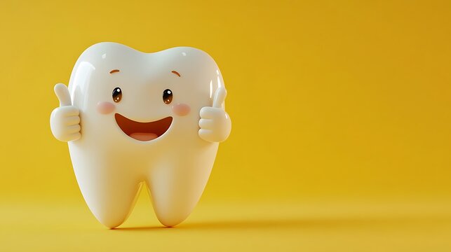Smiling cartoon tooth showing thumbs up promoting oral hygiene