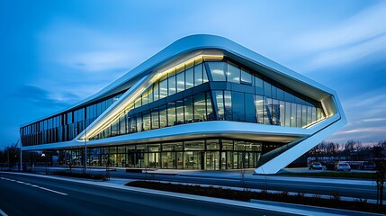 Naklejka premium Modern Glass Office Building at Dusk Under a Blue Sky