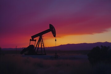 Naklejka premium Pumpjack Silhouetted Against Vibrant Sunset: Oil Extraction