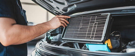 Car care maintenance servicing technician or auto mechanic holding car air conditioner filter for check and clean dirty or fix repair heat have engine problem or replace new change air filter.