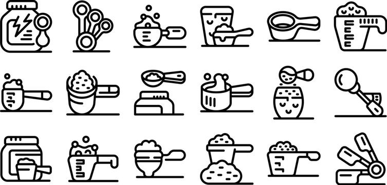 Measuring scoop icons set. Measuring spoons and cups ensure precise ingredient amounts for recipes, enhancing cooking and baking outcomes