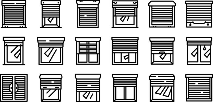 Roller shutter up icons set. Roller shutters in various configurations, offering security, privacy, and light control for windows