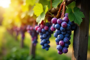 Obraz premium Golden light falls on lush purple grapes hanging from a rustic wooden trellis, purple, trellis, rustic