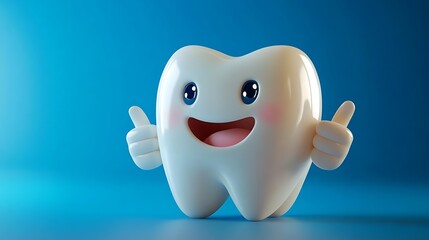 Cartoon tooth with a bright smile promoting dental care with thumbs up