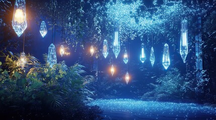 Fototapeta premium A futuristic sky garden with bioluminescent plants and hanging crystal lamps