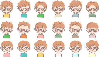 メガネをかけているいろんな髪型の男の子の上半身イラストセット