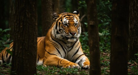 Obraz premium A majestic tiger rests gracefully in a dense forest, its vibrant orange fur marked with bold black stripes illuminated by sunlit dappled light filtering through the trees.
