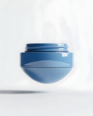 Floating blue cosmetic jar set against a soft background showcasing minimalist design