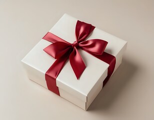 Elegant Cream Gift Box with Crimson Ribbon Bow: A Festive Presentation
