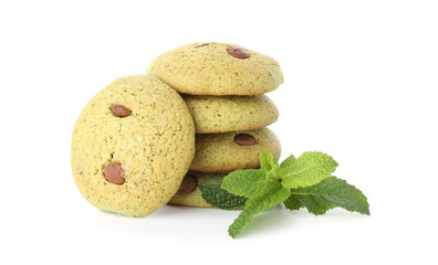 Delicious mint chocolate chip cookies isolated on white