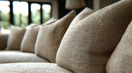 Obraz premium Linen pillows on sofa by window, blurred garden view.