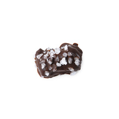 Tasty chocolate candy with salt isolated on white, top view