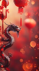 Fototapeta premium Traditional Chinese dragon and lanterns for Lunar New Year. Vertical format for Instagram Stories. 3D rendered oriental dragon with bokeh lights and festive decorations for social media and marketing