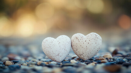 Fototapeta premium Two white stone hearts showing affection on pebble beach at sunset