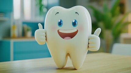 Smiling tooth character promoting dental care with a thumbs up