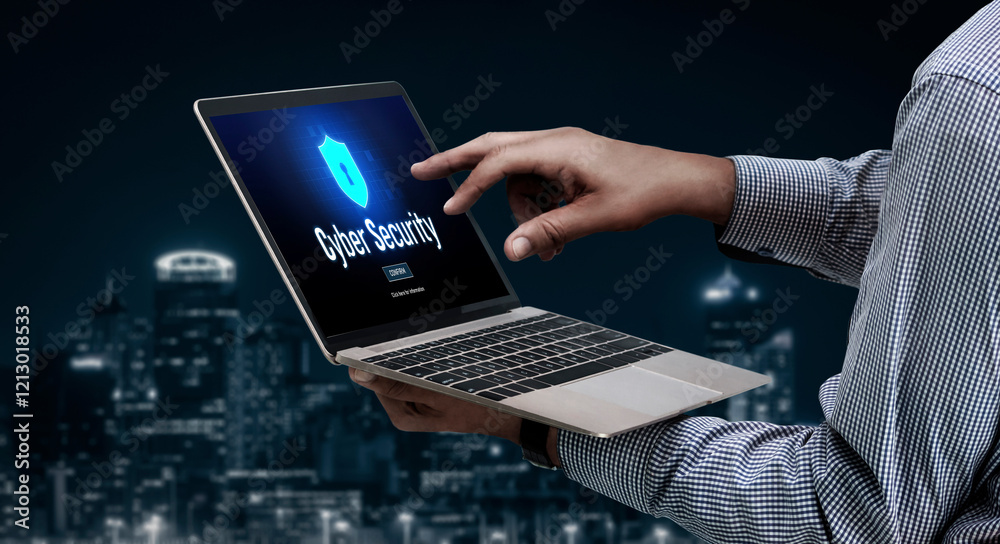 Poster cyber security system on computer screen protect private information snugly from hacker and cyber at
