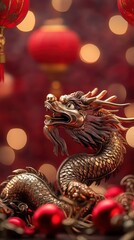 Traditional Chinese dragon and lanterns for Lunar New Year. Vertical format for Instagram Stories. 3D rendered oriental dragon with bokeh lights and festive decorations for social media and marketing