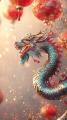 Fototapeta premium Traditional Chinese dragon and lanterns for Lunar New Year. Vertical format for Instagram Stories. 3D rendered oriental dragon with bokeh lights and festive decorations for social media and marketing