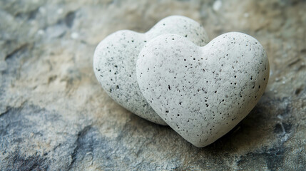 Obraz premium Two gray stone hearts showing love on rustic wooden table