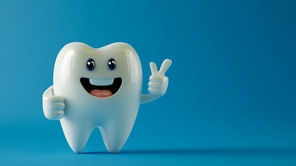Happy tooth character promoting oral hygiene with a thumbs up